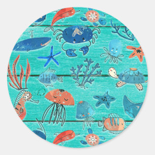 Sticker Rond Bois sarcelle rustique & Amis fantaisistes sous la