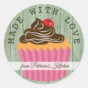 Sticker Rond Bois Vert Rustique Fabriqué Avec Cupcake Amoureux