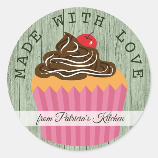 Sticker Rond Bois Vert Rustique Fabriqué Avec Cupcake Amoureux (Devant)