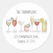 Sticker Rond Boissons de cocktail d'adresse de retour d'aquarel (Devant)