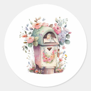 Sticker Rond Boîte aux lettres aquarelle avec fleurs et oiseaux