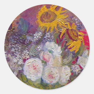 Sticker Rond Bol avec tournesols et roses de Vincent van Gogh