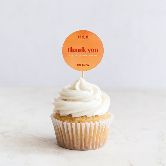 Sticker Rond Bold Chic Orange Sunset Monogram Thank You Wedding