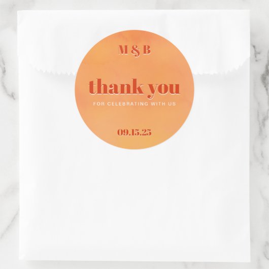 Sticker Rond Bold Chic Orange Sunset Monogram Thank You Wedding (Sac)