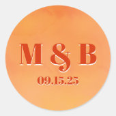 Sticker Rond Bold Orange Watercolor Sunset Monogram Wedding (Devant)