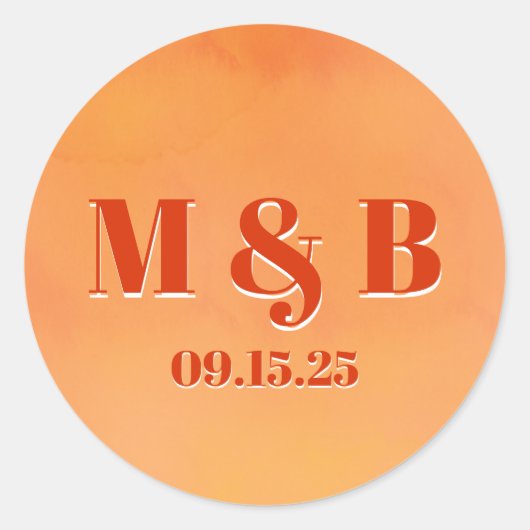 Sticker Rond Bold Orange Watercolor Sunset Monogram Wedding (Devant)