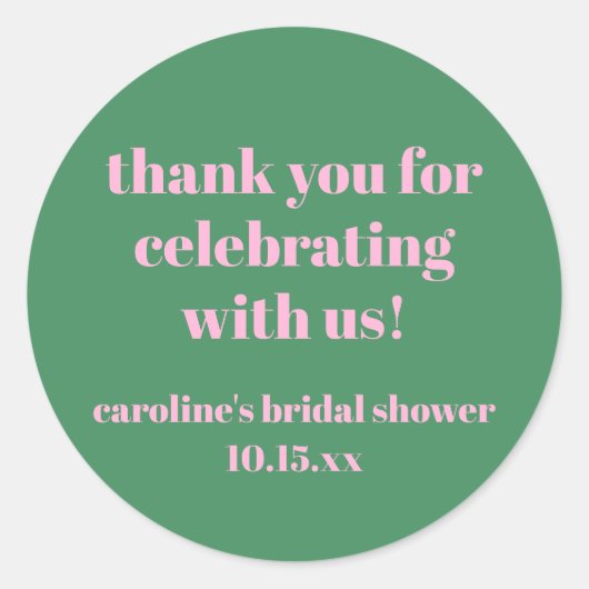 Sticker Rond Bold Pink Green Custom Bridal Shower  Thank You (Devant)