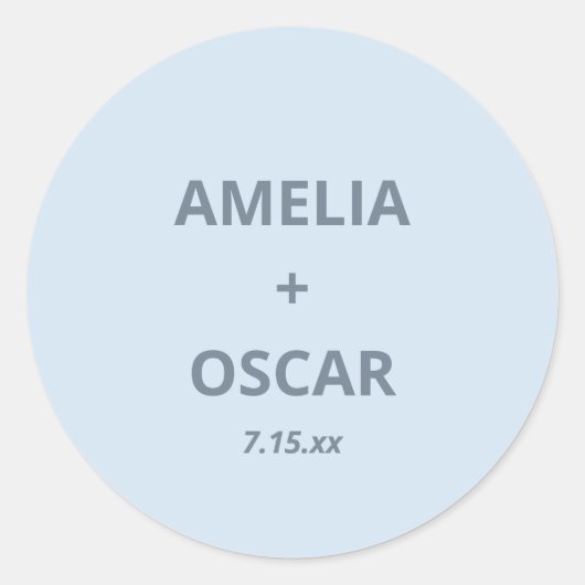 Sticker Rond Bold Soft Blue Modern Wedding Names Date Custom (Devant)