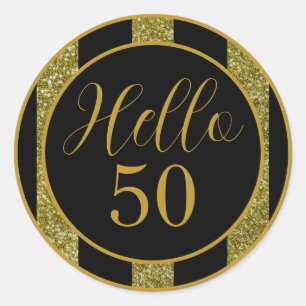 Sticker Rond Bon Anniversaire 50 ans Bandes de Paillettes Noir
