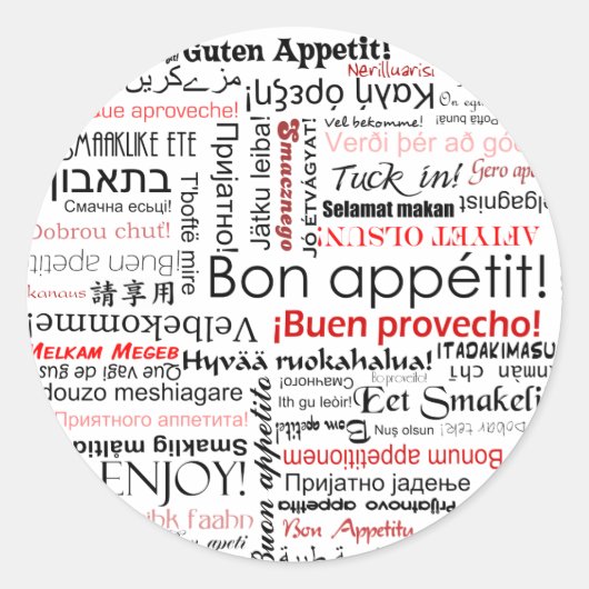 Sticker Rond Bon appetit dans de nombreuses langues typographie (Devant)