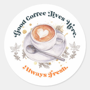 Sticker Rond Bon café vit ici Design d'autocollant d'art de lat