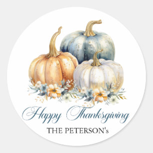 Sticker Rond Bon thanksgiving Blue Orange Gold Citrouilles