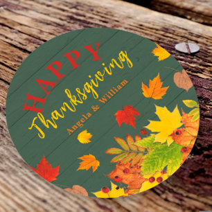 Sticker Rond Bon thanksgiving Chute Coloré Feuillage Sur Bois