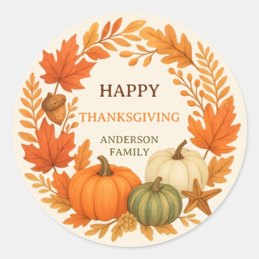 Sticker Rond Bon thanksgiving citrouille chute feuillage beige (Devant)