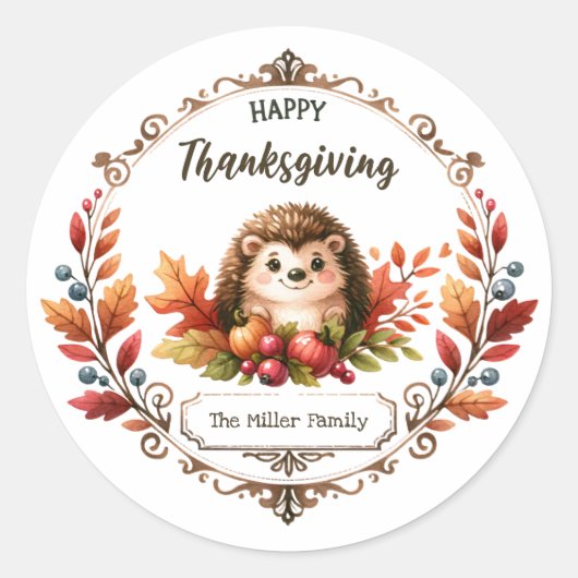 Sticker Rond Bon thanksgiving de hérisson mignon personnalisé (Devant)