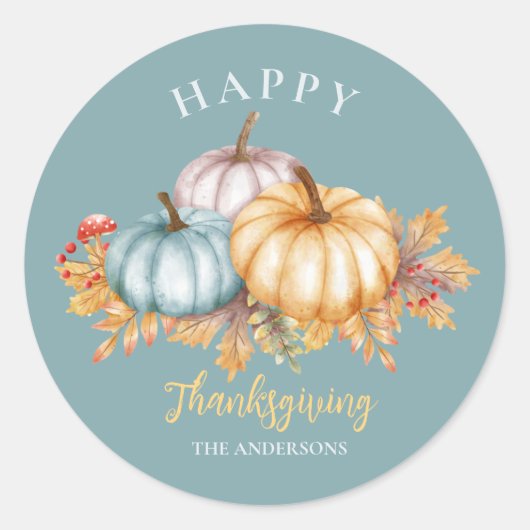 Sticker Rond Bon thanksgiving floral citrouille bleu (Devant)