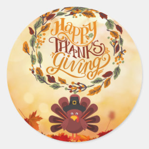 Sticker Rond Bon thanksgiving mignonne Turquie et feuilles d'au