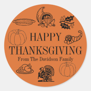 Sticker Rond Bon thanksgiving orange nom personnalisé mignon fa