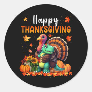 Sticker Rond Bon thanksgiving Turquie accablé des amis Dinosaur