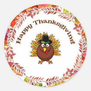Sticker Rond Bon thanksgiving Turquie entourée de Feuilles d'au