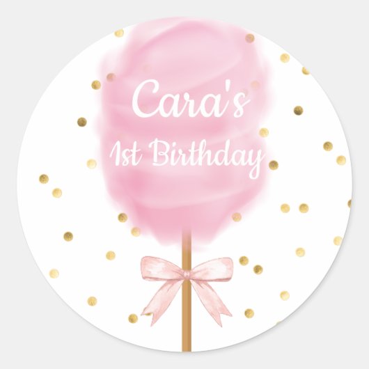 Sticker Rond Bonbons Coton Bonbons Rose Anniversaire Fête Invit (Devant)