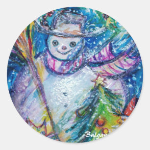 STICKER ROND BONHOMME DE NEIGE AVEC L'ARBRE ET LES JOUETS DE