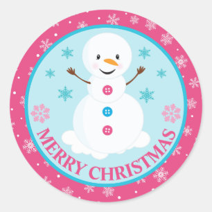Sticker Rond Bonhomme de neige de Noël rose et bleu d'hiver