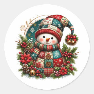 Sticker Rond Bonhomme de neige en patchwork de Noël
