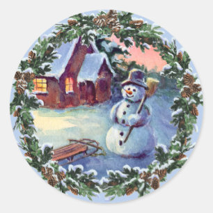 Sticker Rond BONHOMME DE NEIGE et GUIRLANDE par SHARON SHARPE