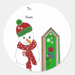Sticker Rond Bonhomme de neige joyeux et maison d'oiseau