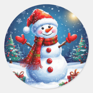 Sticker Rond Bonhomme de neige joyeux portant un chapeau de Pèr
