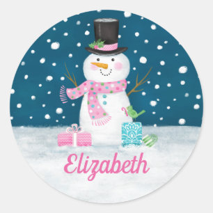 Sticker Rond Bonhomme de neige rose personnalisé pour Noël