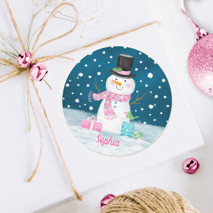 Sticker Rond Bonhomme de neige rose personnalisé pour Noël