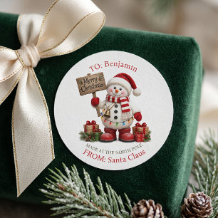Sticker Rond Bonhomme de neige traditionnel Pôle Nord Père Noël