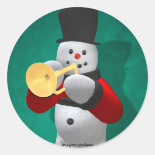 Sticker Rond Bonhommes de neige vintages : Trompettiste