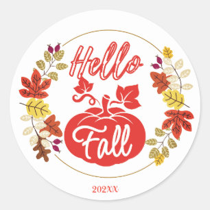 Sticker Rond Bonjour Automne Automne Feuilles Citrouille Thanks