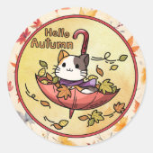 Sticker Rond Bonjour Automne, Chat mignon assis dans un paraplu (Devant)