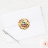 Sticker Rond Bonjour Automne, Chat mignon assis dans un paraplu (Enveloppe)