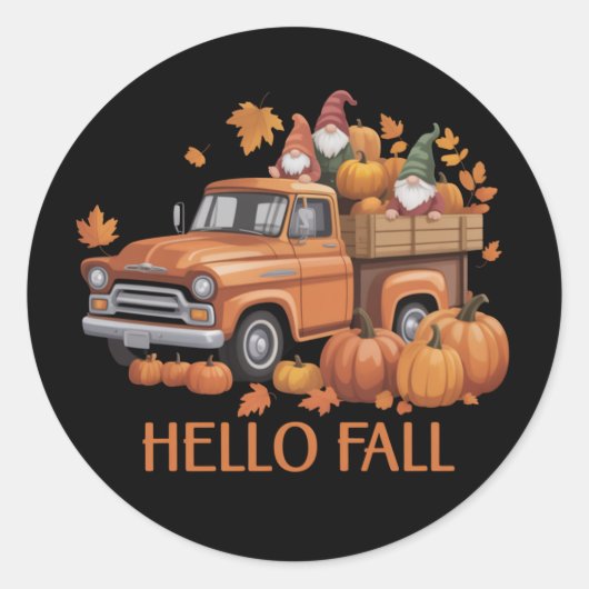 Sticker Rond Bonjour Automne Citrouille Pickup Camion Gnome Aut (Devant)