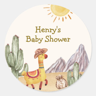 Sticker Rond Bonjour Baby Desert Cactus Llama Cowboy Baby showe