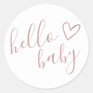 Sticker Rond Bonjour Baby shower fille Dusty Rose mignon coeur