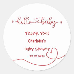 Sticker Rond Bonjour Bébé Cœur Rouge Minimal Fête de Naissance