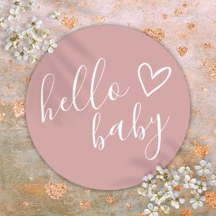 Sticker Rond Bonjour Bébé Fille de Fête Dusty Rose Cœur Mignon