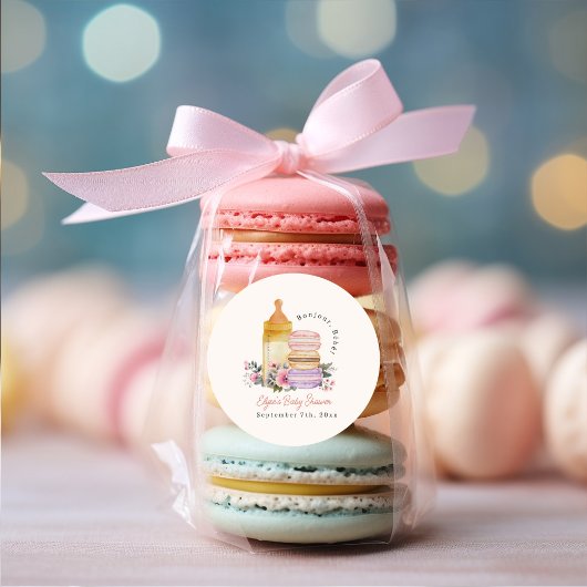 Sticker Rond Bonjour Bébé Français Macarons & Baby shower du la