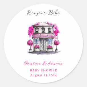 Sticker Rond Bonjour Bebe Paris French Pink Black Baby shower