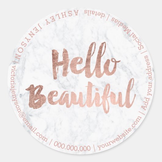 Sticker Rond Bonjour belle rose typographie or marbre (Devant)