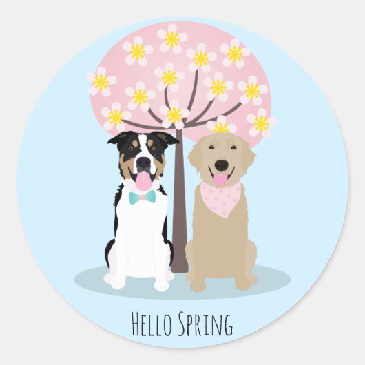Sticker Rond Bonjour Chiens De Printemps Par Cherry Blossom Tre (Devant)