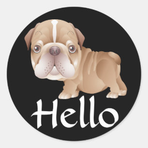 Sticker Rond Bonjour chiot Bouledogue Anglais Noir