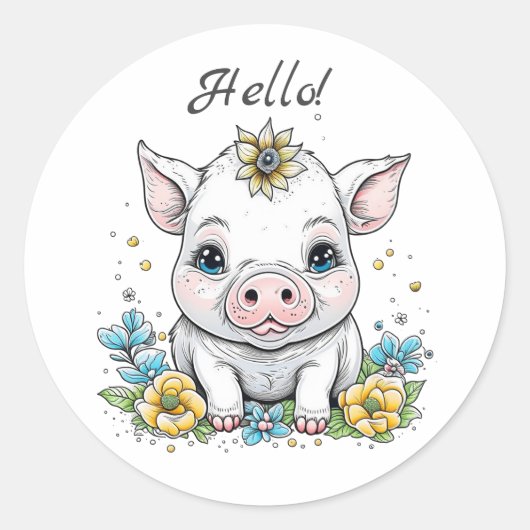 Sticker Rond Bonjour ! Cochon mignon avec Fleur sur sa tête (Devant)