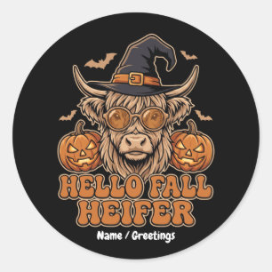 Sticker Rond Bonjour Génisse d'Automne Halloween Vache Highland